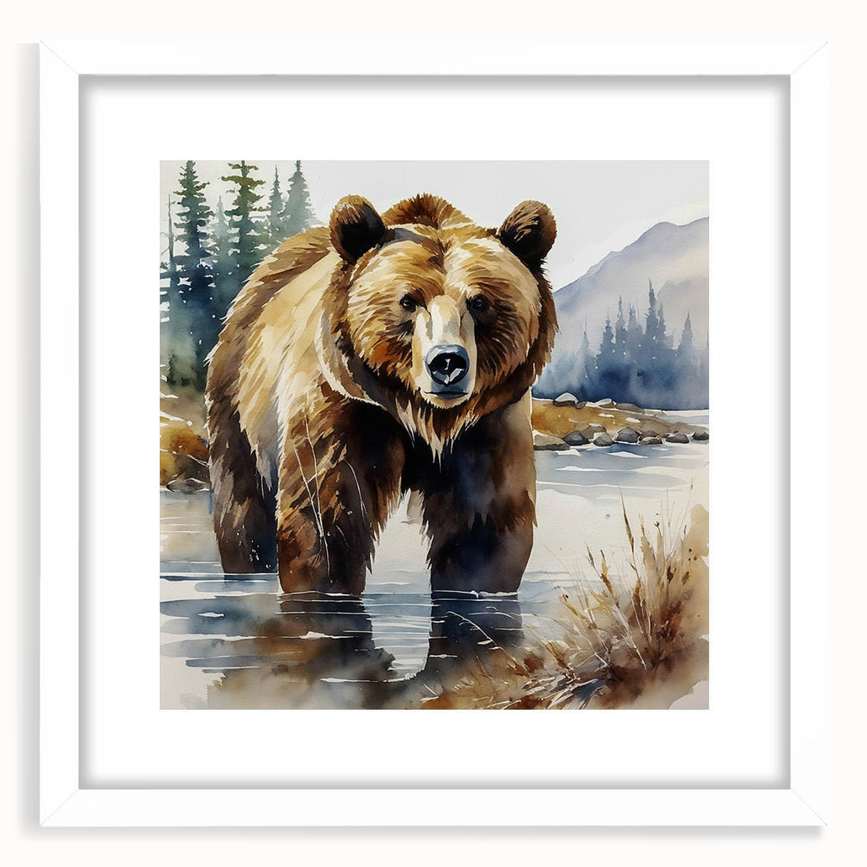 Brown bear wall art collection framed with a white mat, showcasing a realistic illustration of a bear against a neutral background, perfect for nature-themed décor.
