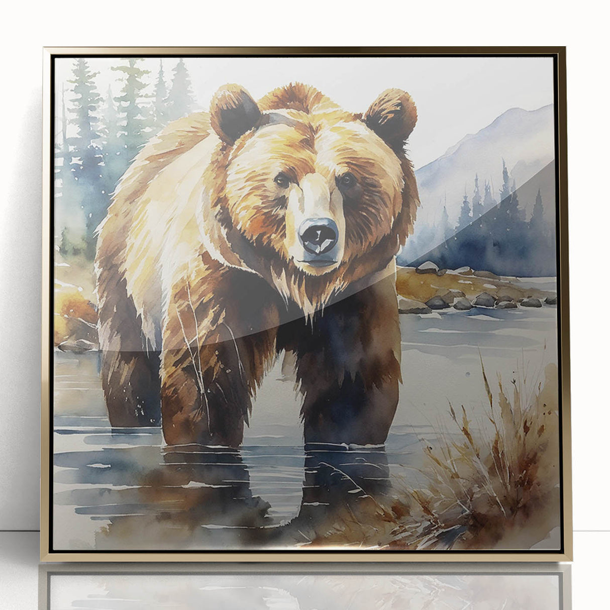 Framed wall art collection showcasing a brown bear design with a gold-accented acrylic front, perfect for nature-themed decor and wildlife enthusiasts.