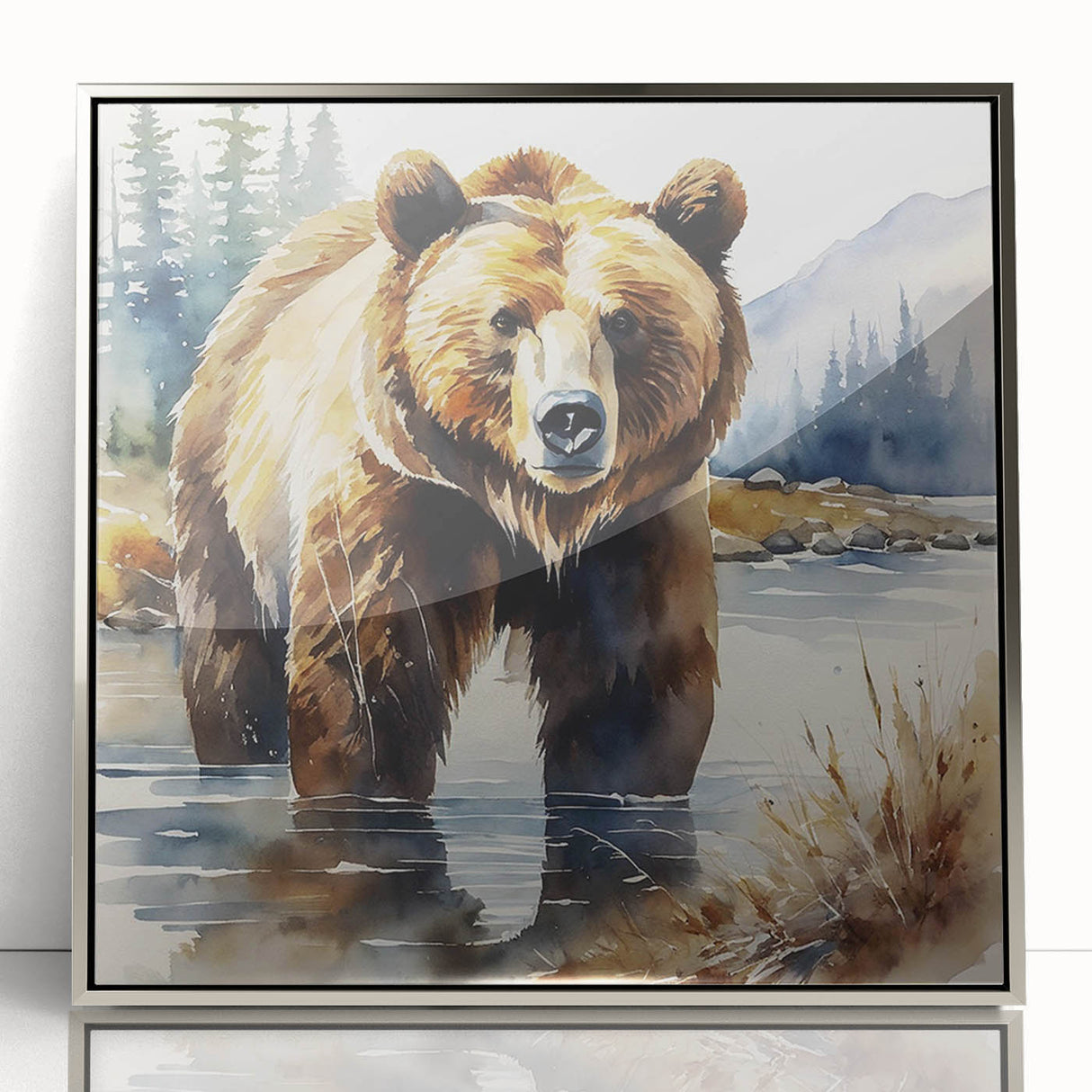 Framed acrylic wall art featuring a stylish brown bear design, elegantly displayed with a silver frame, perfect for enhancing modern decor aesthetics.