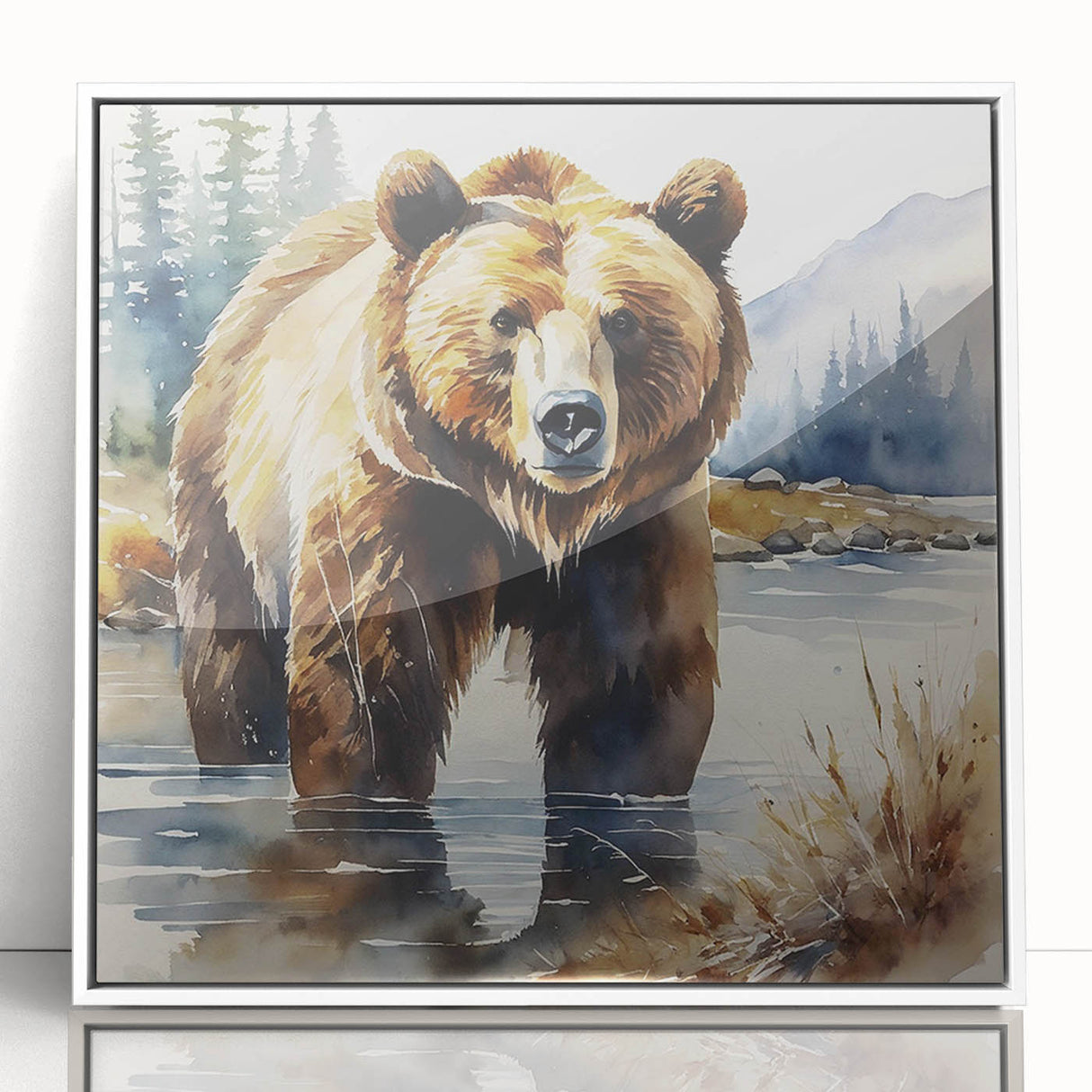 Framed wall art collection featuring a brown bear design in a modern acrylic frame, showcasing a white front view ideal for nature-themed decor.