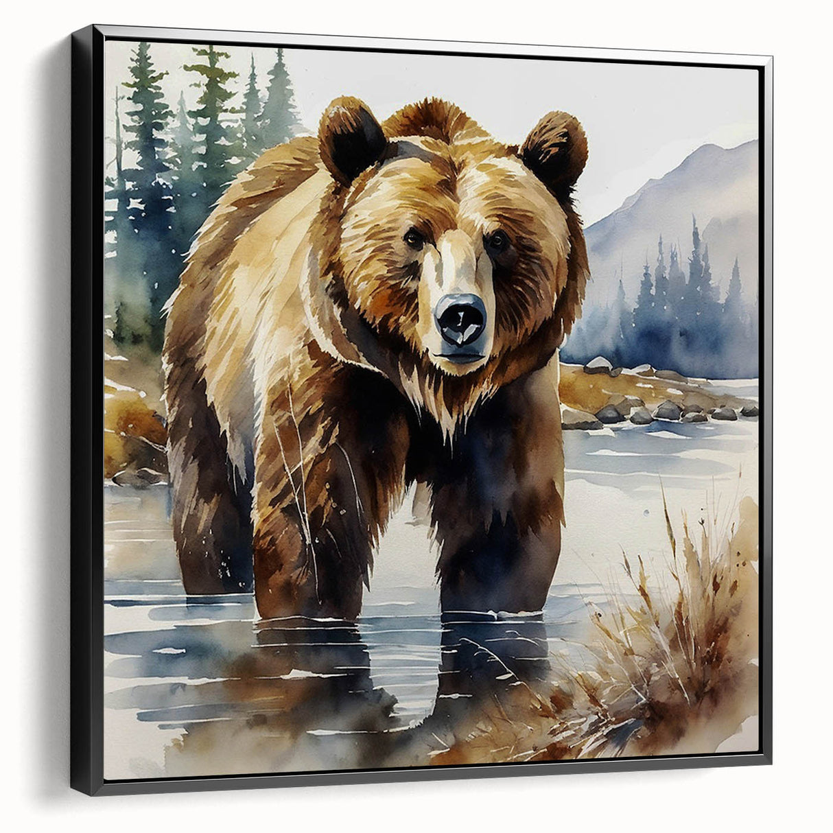 Framed canvas wall art featuring a brown bear design, showcasing a black frame and side view with a modern aesthetic, perfect for nature-themed decor.