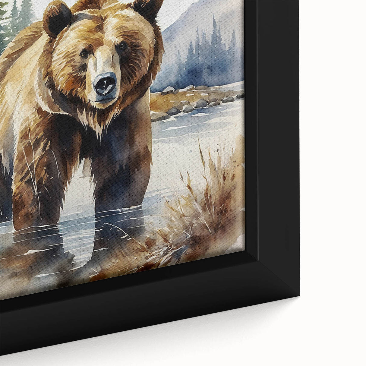 Close-up of a framed canvas wall art featuring a stylized brown bear design, showcasing intricate details and warm earthy tones, perfect for nature lovers' decor.