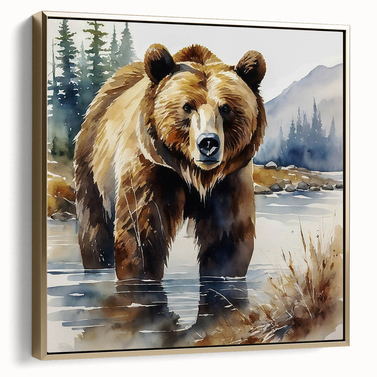 Framed canvas wall art featuring a brown bear design with elegant gold accents, showcasing a side view of the artwork in a modern setting, perfect for nature enthusiasts.