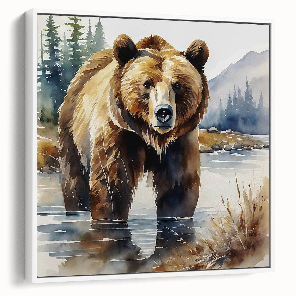 Framed canvas wall art featuring a charming brown bear design with a white background, showcasing the bear's playful expression and detailed fur texture.