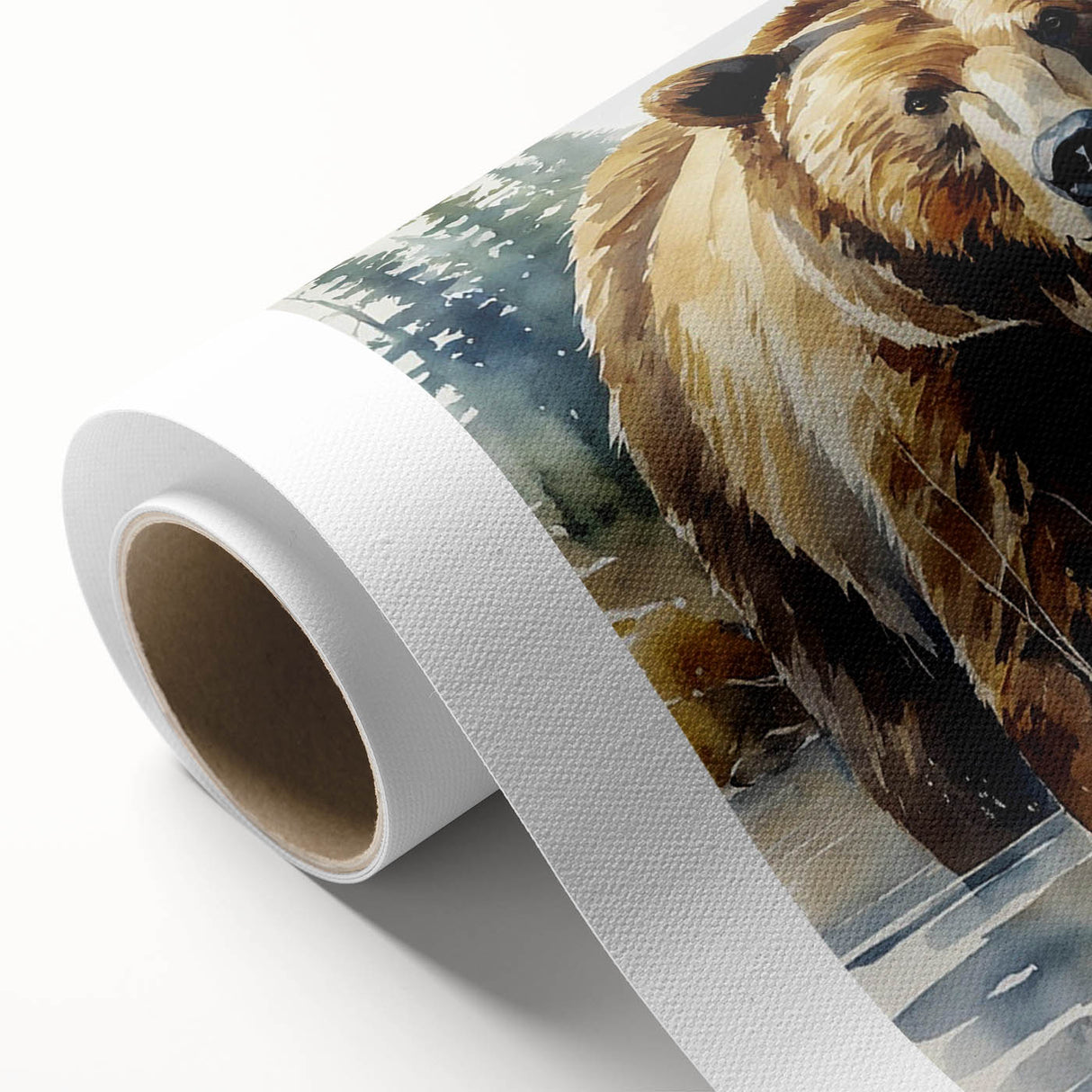 Rolled canvas print showcasing a whimsical brown bear design in a forest setting, perfect for children's room decor, emphasizing nature and wildlife themes.
