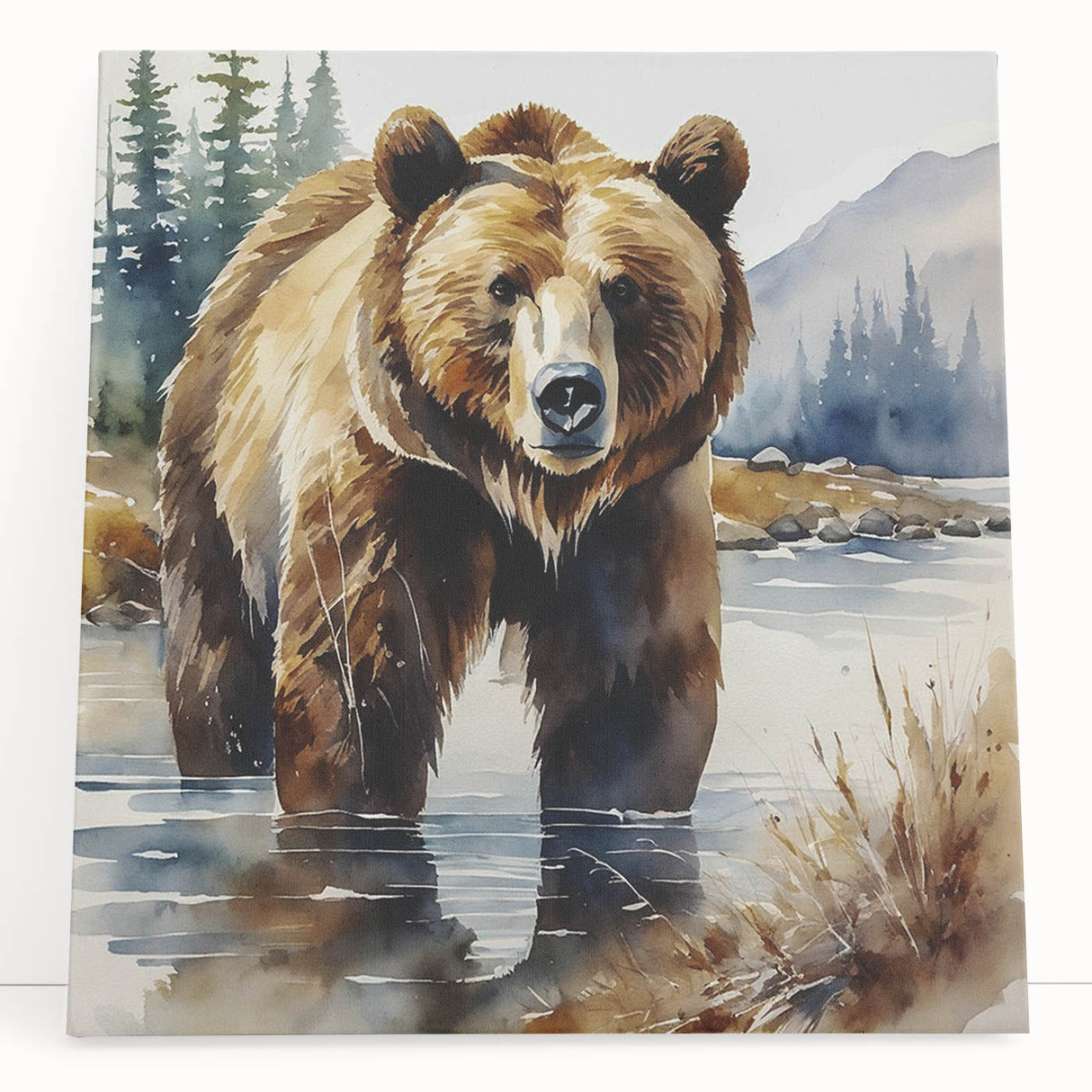 Brown bear wall art collection on stretched canvas, featuring a serene forest scene with rich, earthy tones and a calming aesthetic, perfect for nature lovers.