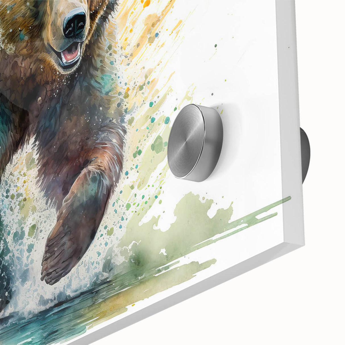 Close-up of a modern acrylic wall art piece featuring a brown bear design, showcasing intricate details and vibrant colors, perfect for wildlife-themed decor.