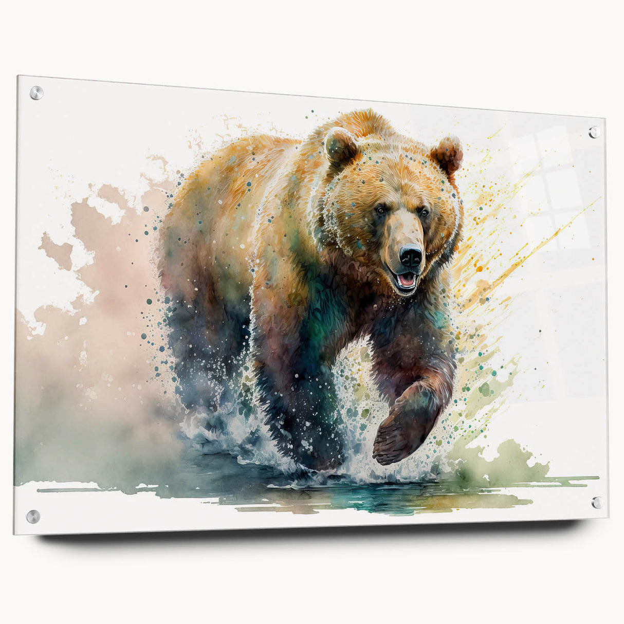 Brown bear wall art collection displayed in a side view, showcasing vibrant acrylic glass framing and stylish pin mounts, perfect for wildlife enthusiasts.