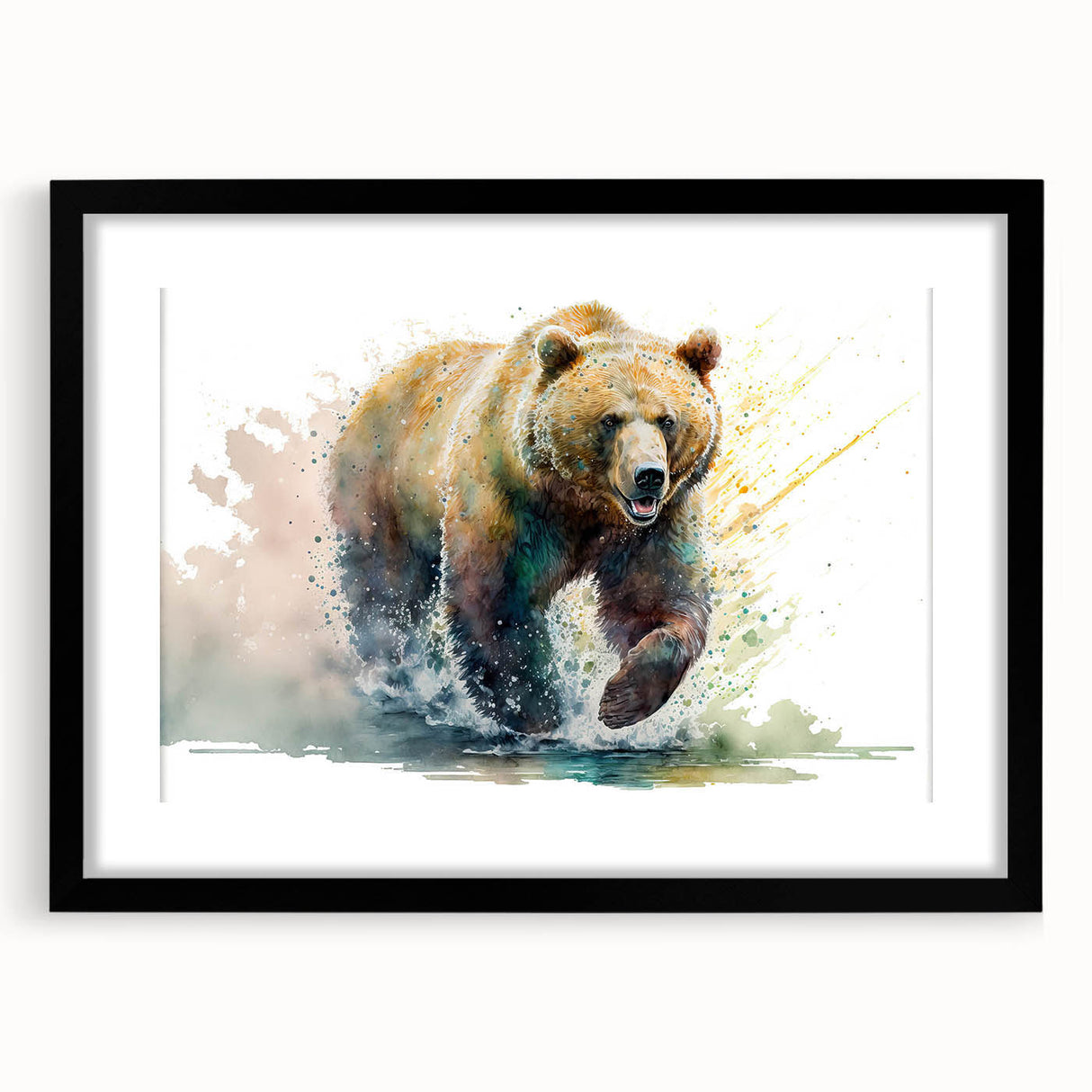 Brown bear wall art framed with a black mat, showcasing a detailed illustration of a bear in a natural setting, perfect for wildlife enthusiasts and home decor.