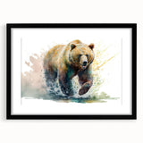 Brown bear wall art framed with a black mat, showcasing a detailed illustration of a bear in a natural setting, perfect for wildlife enthusiasts and home decor.
