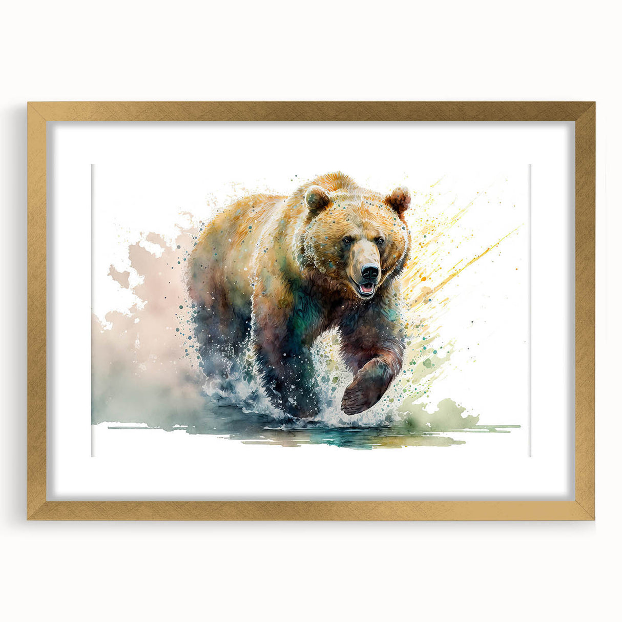 Brown bear wall art collection frame featuring a gold mat, showcasing a charming bear design in a cozy living room setting, perfect for nature enthusiasts.