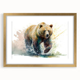 Brown bear wall art collection frame featuring a gold mat, showcasing a charming bear design in a cozy living room setting, perfect for nature enthusiasts.