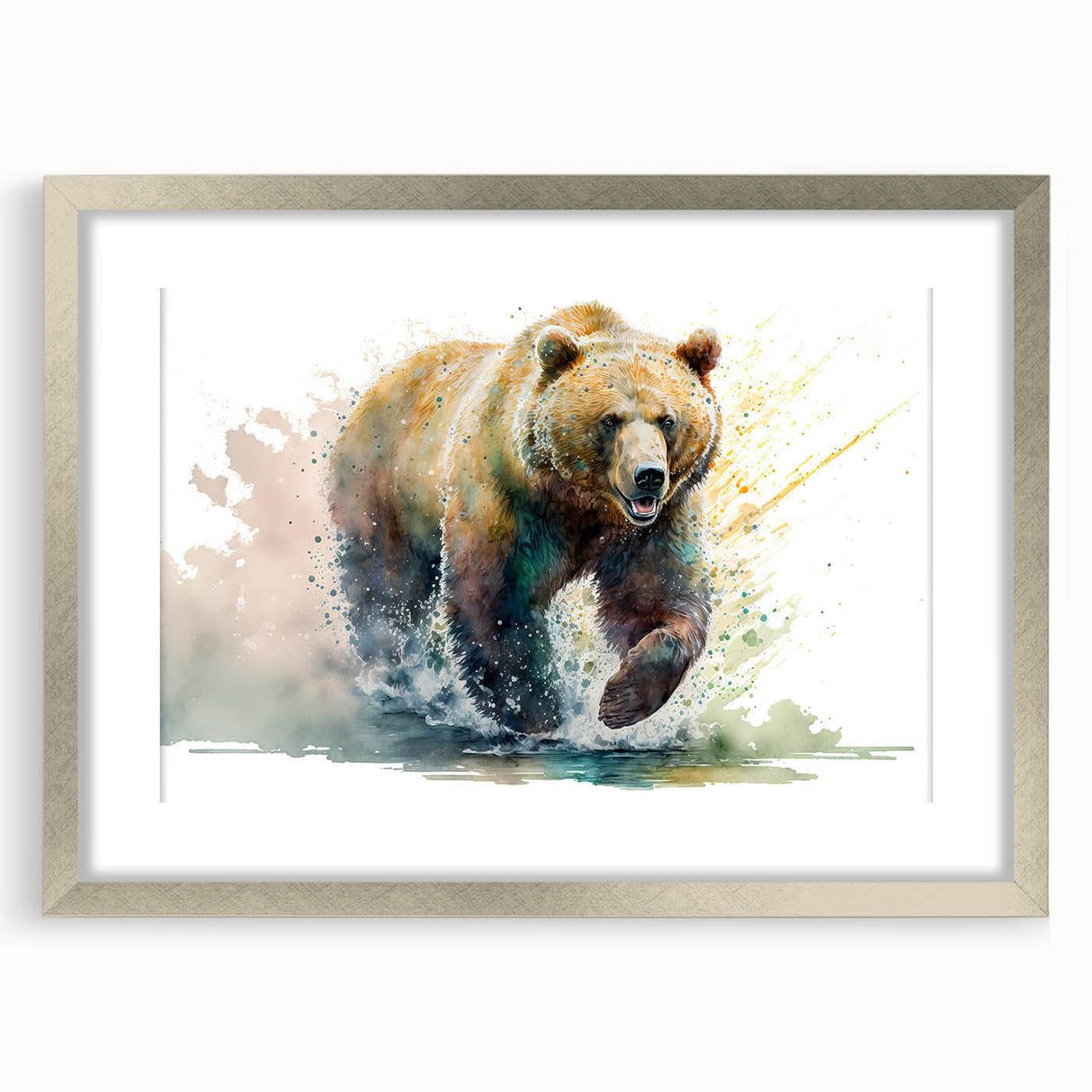 Framed wall art collection featuring a brown bear design, elegantly displayed with a silver frame and mat, ideal for nature-themed home decor.