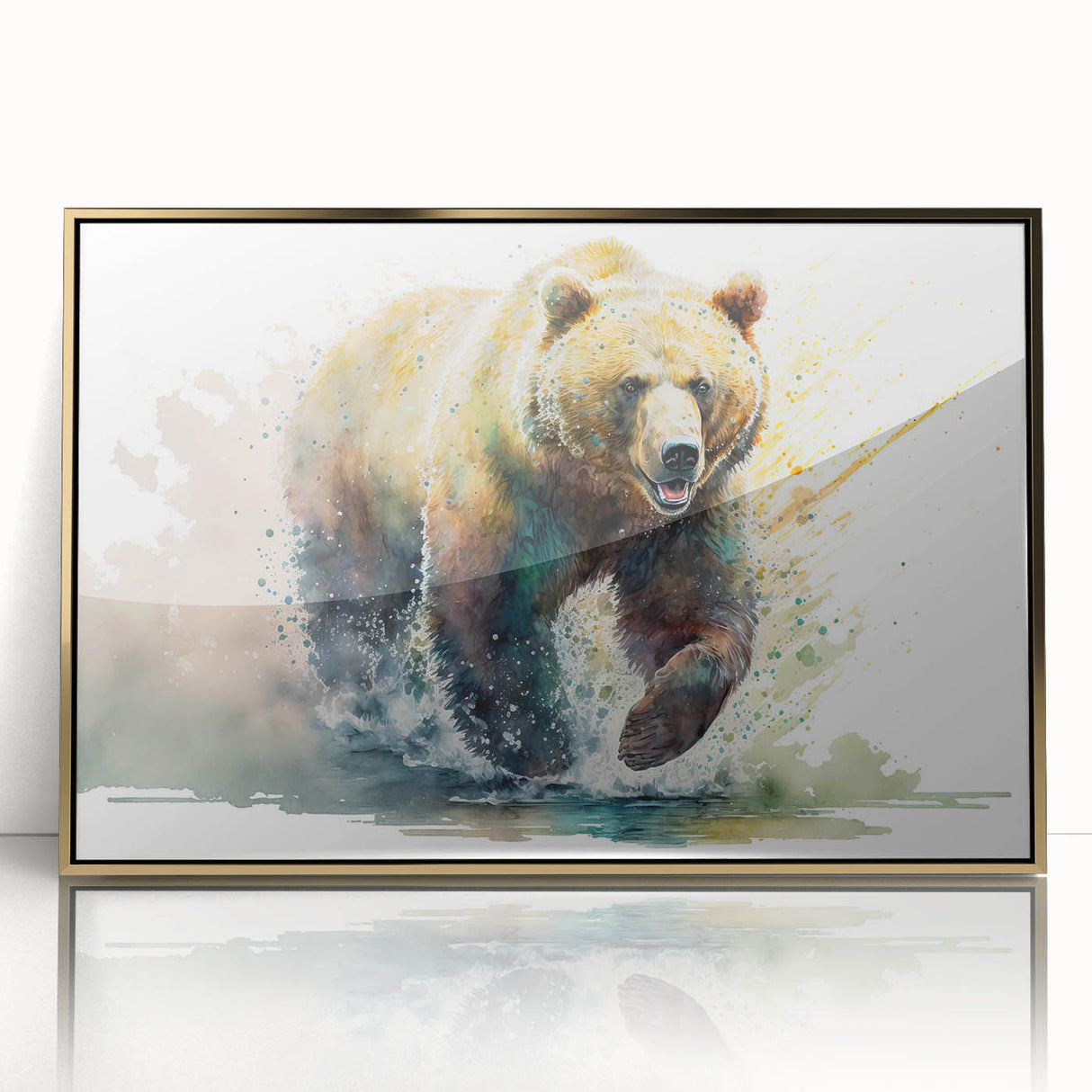 Framed wall art featuring a brown bear design with a gold-accented acrylic front, ideal for nature-themed decor, showcasing wildlife artistry and elegance.