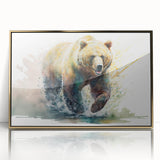 Framed wall art featuring a brown bear design with a gold-accented acrylic front, ideal for nature-themed decor, showcasing wildlife artistry and elegance.