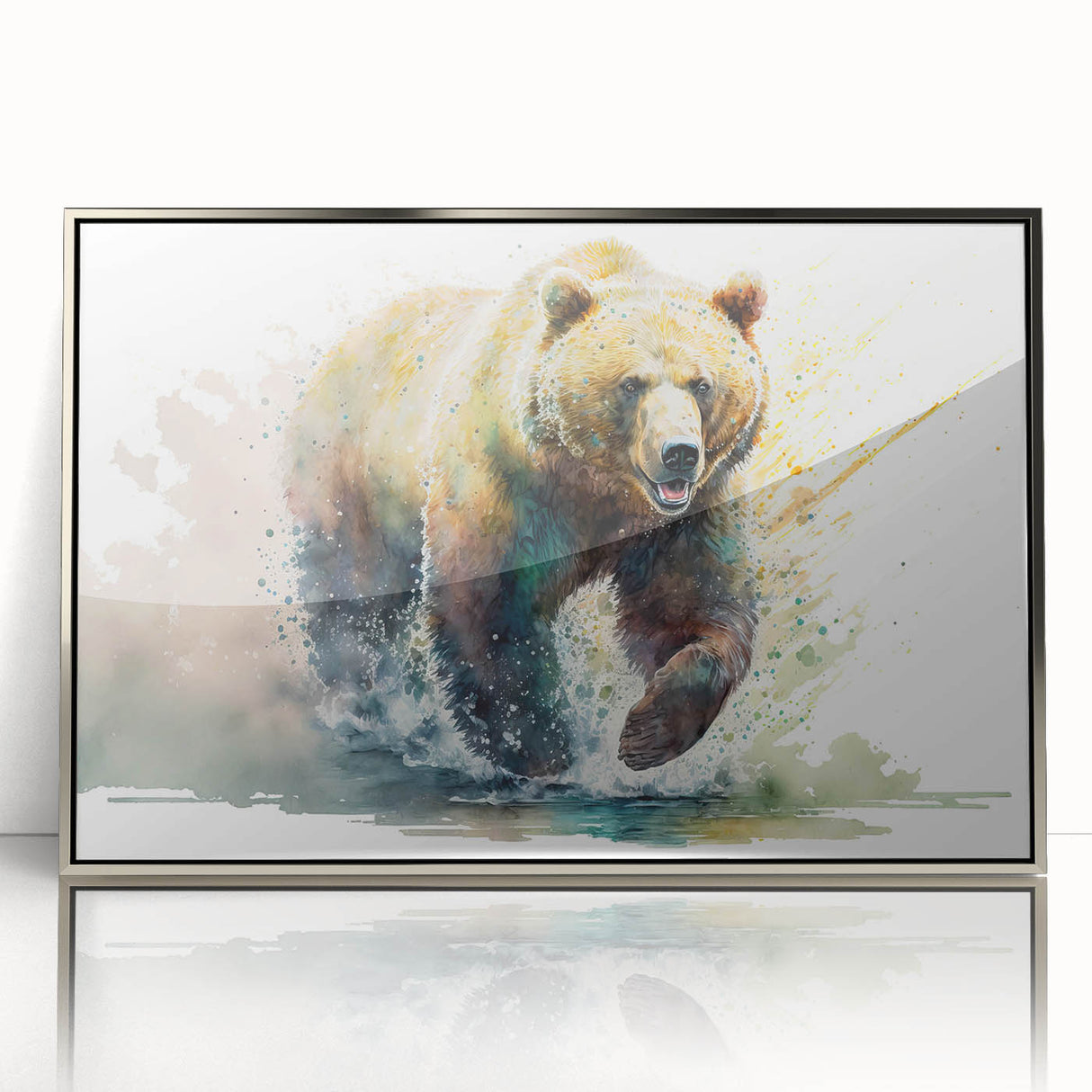 Framed wall art featuring a brown bear design with a sleek silver frame, showcasing detailed illustration and vibrant colors, ideal for nature-themed decor.