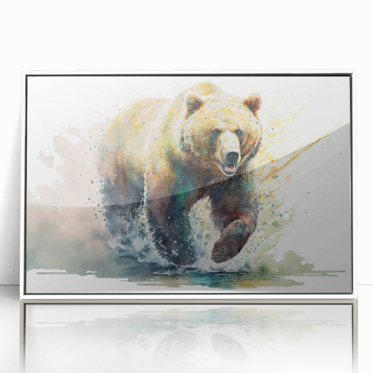 Framed wall art collection featuring a brown bear design in an elegant white frame, showcasing intricate details and vibrant colors, perfect for nature enthusiasts.