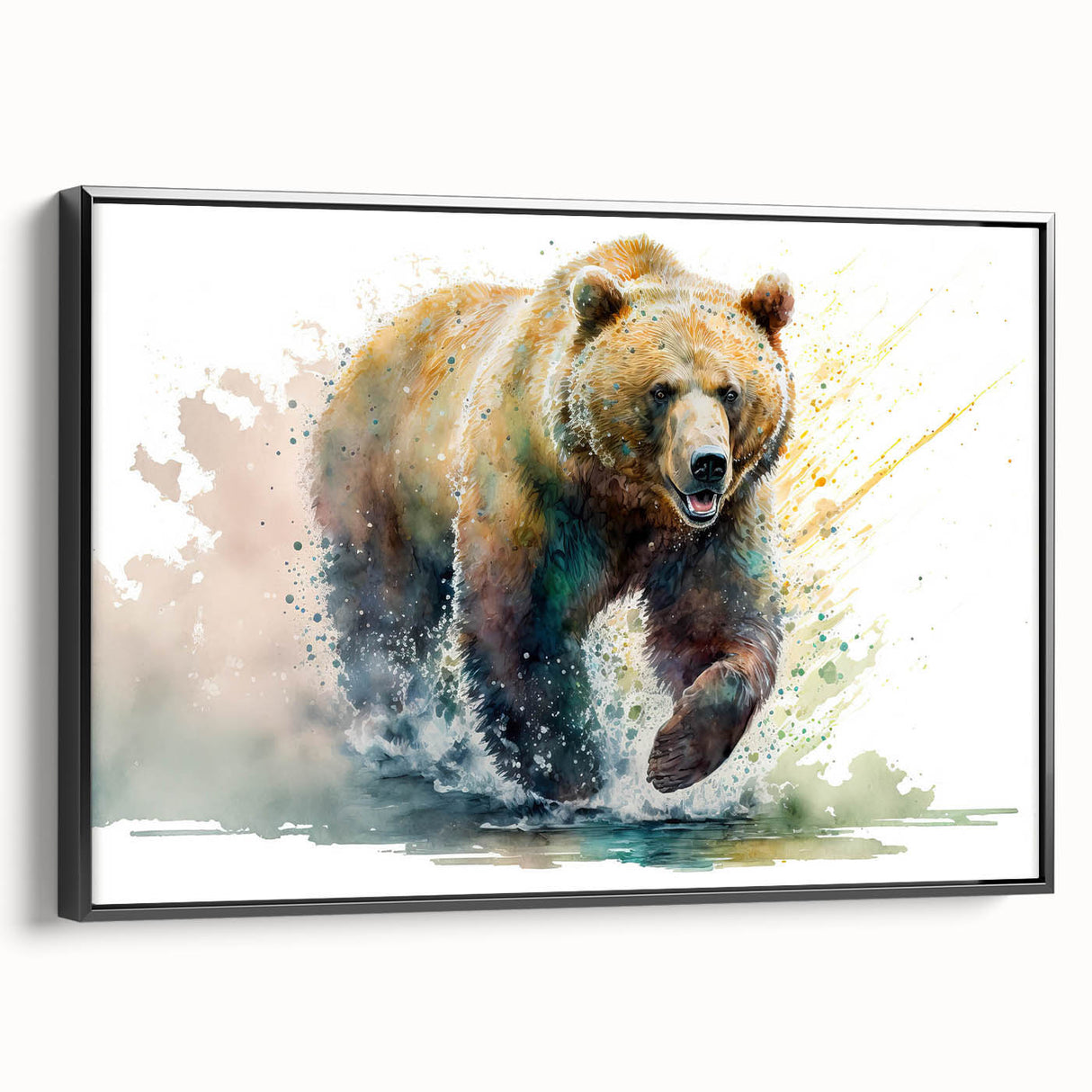 Framed canvas wall art showcasing a brown bear design with a sleek black frame, ideal for nature-themed decor in living spaces or offices, enhancing any interior.