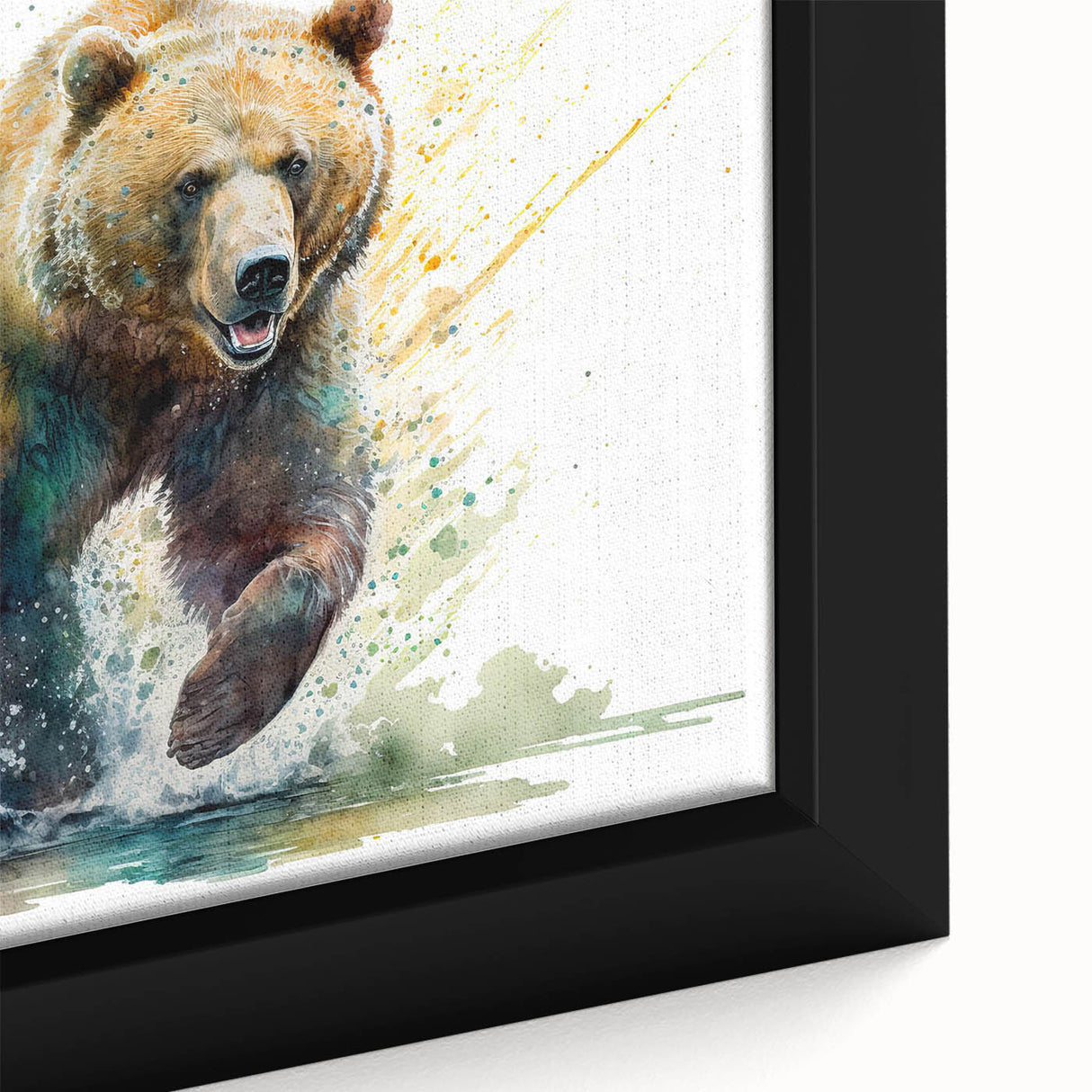 Close-up view of a framed canvas wall art piece showcasing a detailed brown bear design, highlighting intricate textures and warm earthy tones, perfect for nature-themed decor.