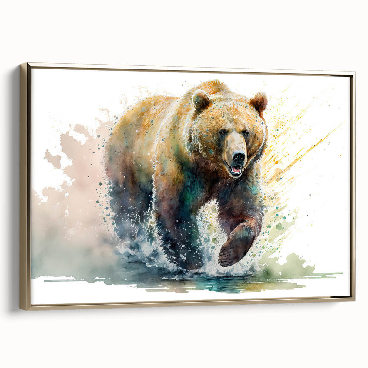 Framed wall art featuring a brown bear design on canvas, with a gold frame and elegant side view, perfect for nature-themed decor or wildlife enthusiasts.