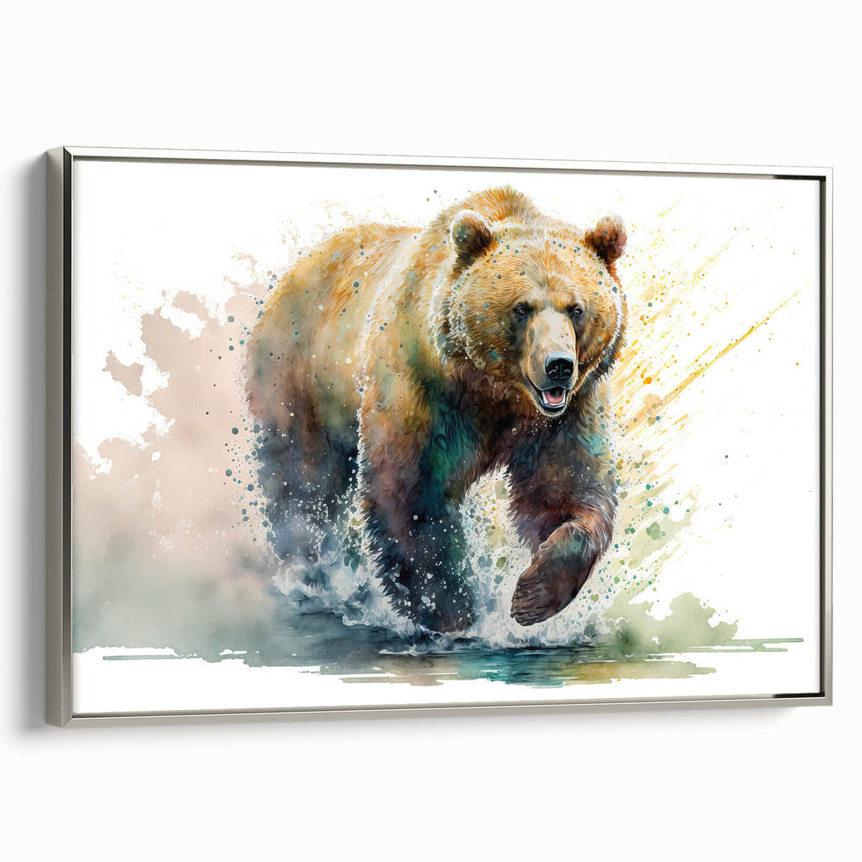 Framed canvas wall art showcasing a detailed brown bear design, featuring a sleek silver frame and vibrant colors, perfect for nature-themed home decor.