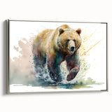 Framed canvas wall art showcasing a detailed brown bear design, featuring a sleek silver frame and vibrant colors, perfect for nature-themed home decor.