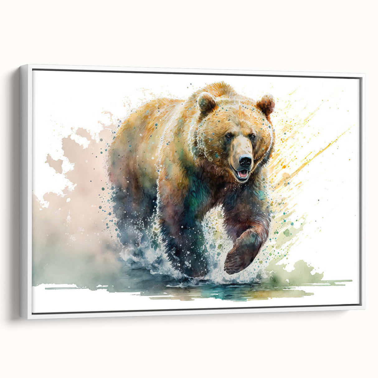 Framed canvas wall art featuring a charming brown bear design, showcased from a side view against a white background, perfect for nature-themed decor.