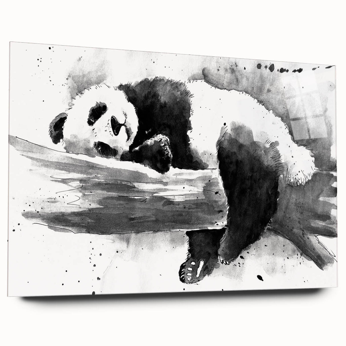 Acrylic glass wall art featuring a charming panda bear design, showcasing vibrant colors and a sleek side view, perfect for adding a playful touch to any room decor.
