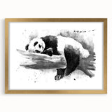 Framed wall art featuring a whimsical panda bear design, presented in a stylish gold frame with a mat. Ideal for children's rooms or playful decor themes.