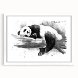Panda bear wall art design in a white frame with matting, showcasing a playful panda illustration against a light background, perfect for children's rooms or nursery decor.