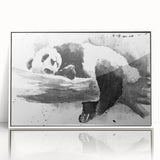 Framed panda bear wall art with a white border, showcasing a playful design in vibrant colors, perfect for children's room decor and animal-themed interiors.