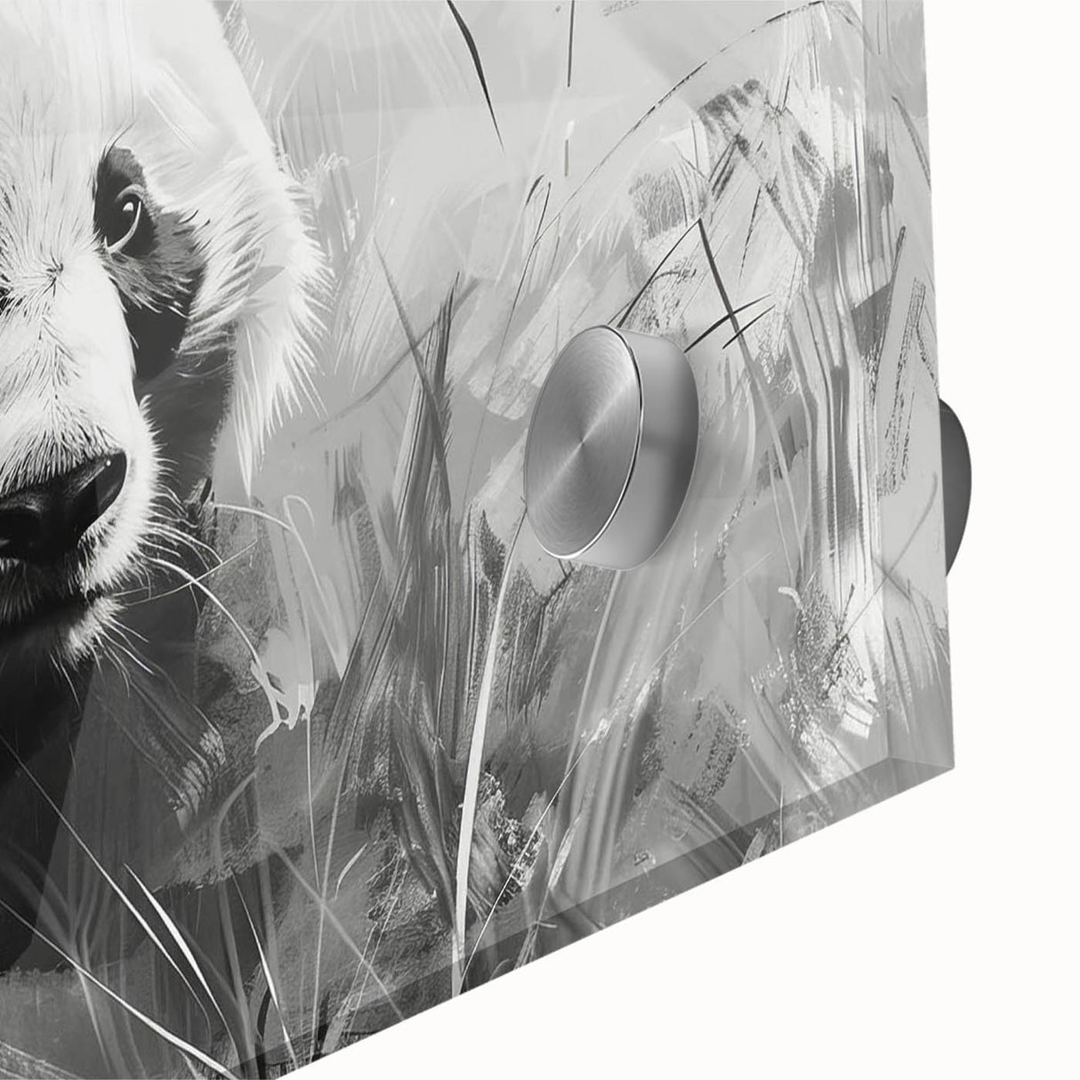 Close-up of a vibrant acrylic glass wall art piece featuring a playful panda bear design, perfect for adding a whimsical touch to children's rooms or nurseries. The colorful artwork showcases the panda's expressive features and is ideal for modern home decor.