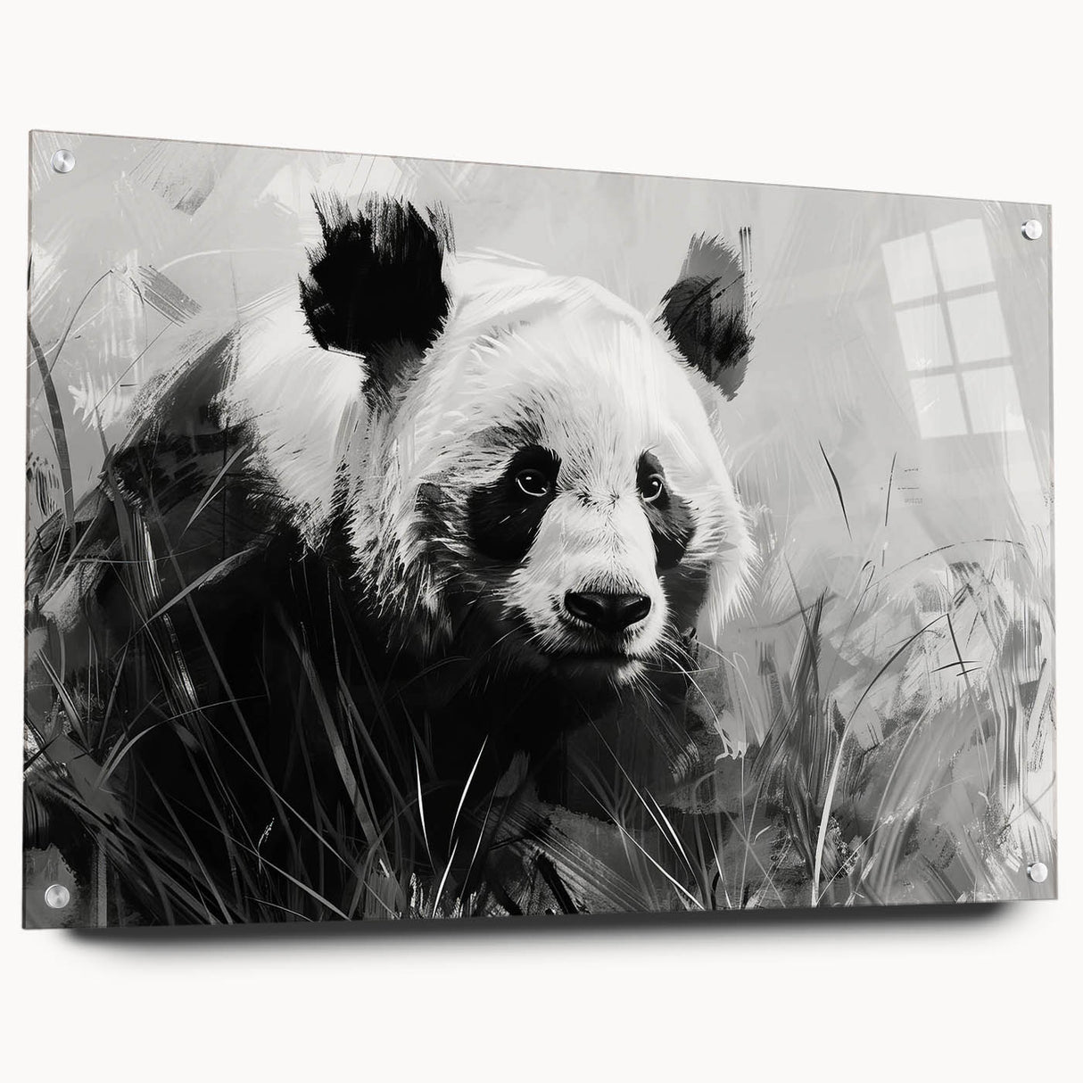 Acrylic glass wall art featuring a playful panda bear design, showcasing vibrant colors and a side view with pins for easy hanging, perfect for children's room decor.