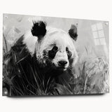 Acrylic glass wall art featuring a playful panda bear design, showcasing vibrant colors and a side view with pins for easy hanging, perfect for children's room decor.