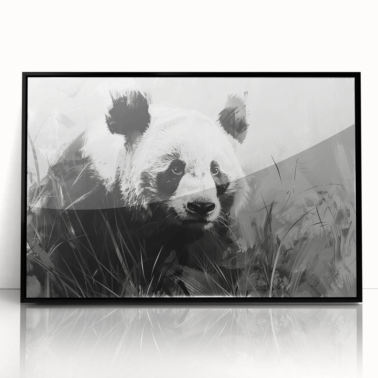 Framed acrylic wall art featuring a playful panda bear design in vibrant colors, perfect for children's rooms or playful decor. The artwork showcases a black frame that enhances its visual appeal, making it a charming addition to any space.
