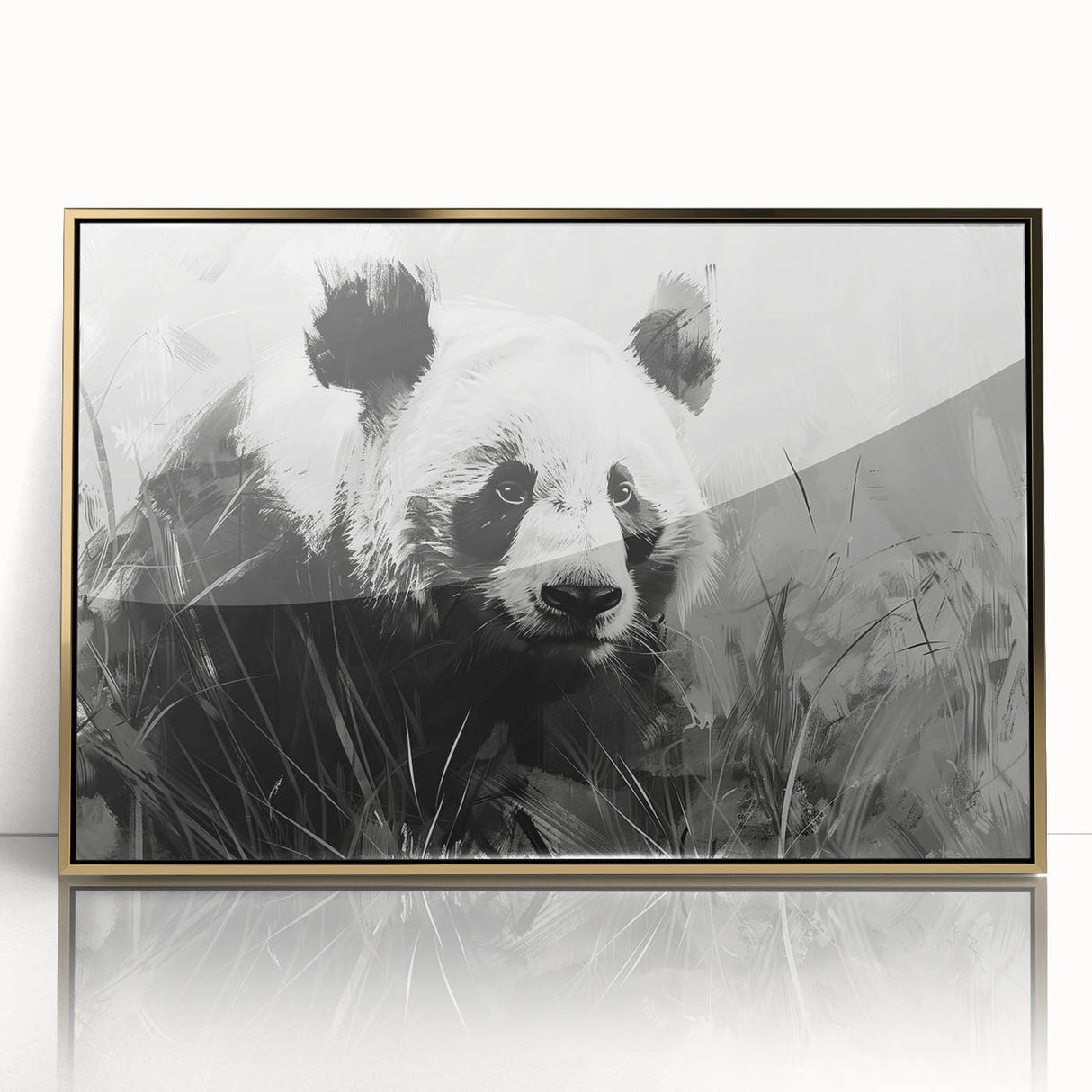 Framed wall art featuring a cute panda bear design in vibrant colors, with a sleek gold frame and acrylic front, perfect for nursery or playful decor.