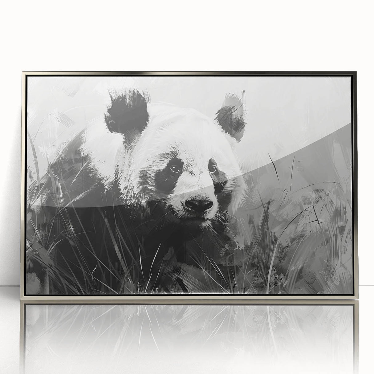 Framed acrylic wall art showcasing a playful panda bear design, featuring vibrant colors and a sleek silver frame, perfect for modern home decor accents.