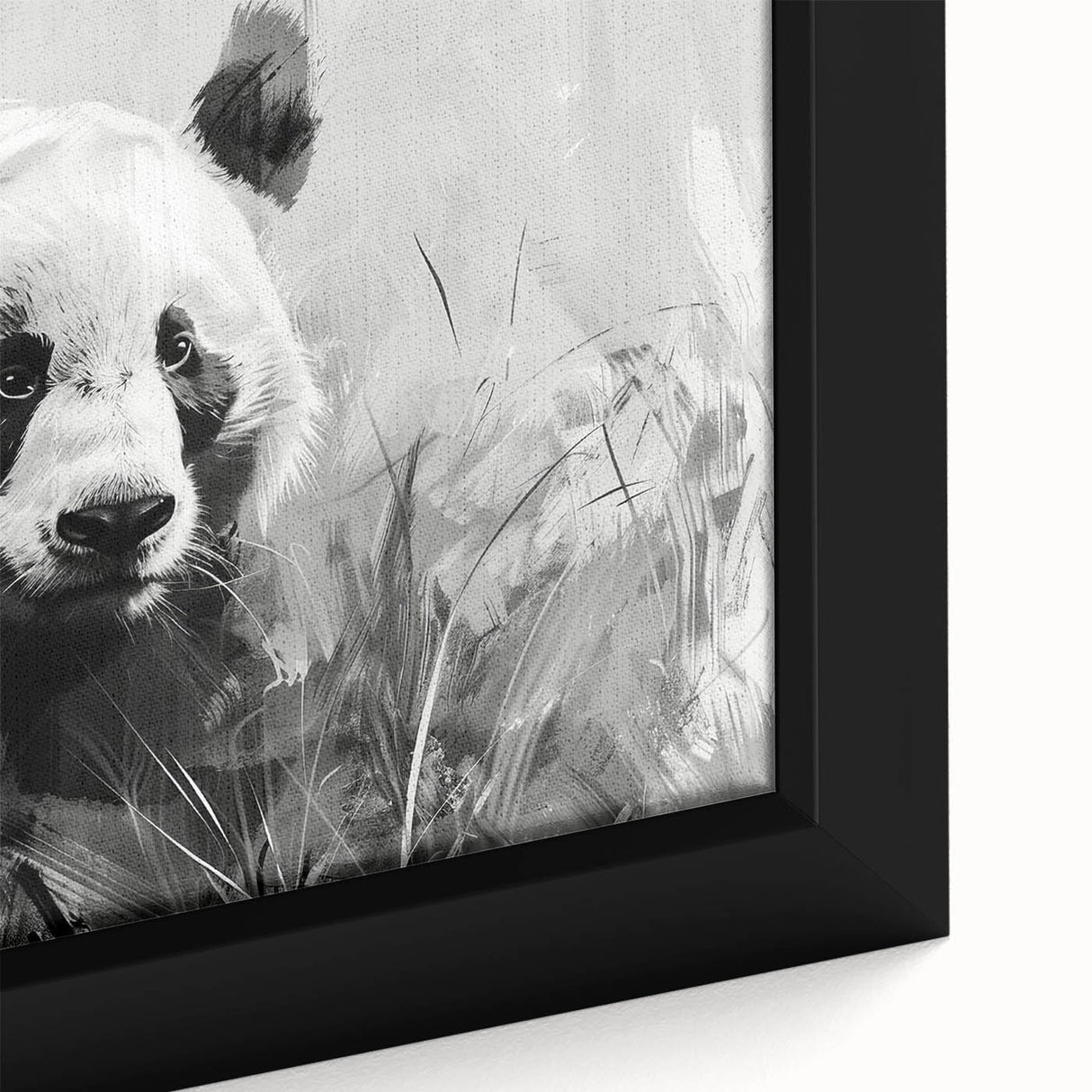 Close-up of a framed canvas wall art featuring an adorable panda bear design, ideal for children's rooms or playful decor. The vibrant colors and intricate details enhance any space's charm.