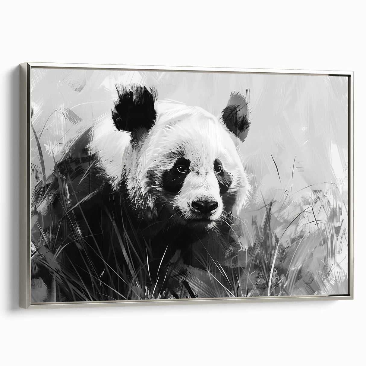 Framed wall art featuring a stylized panda bear design on a canvas with a silver frame, showcasing intricate details and vibrant colors, ideal for modern decor.