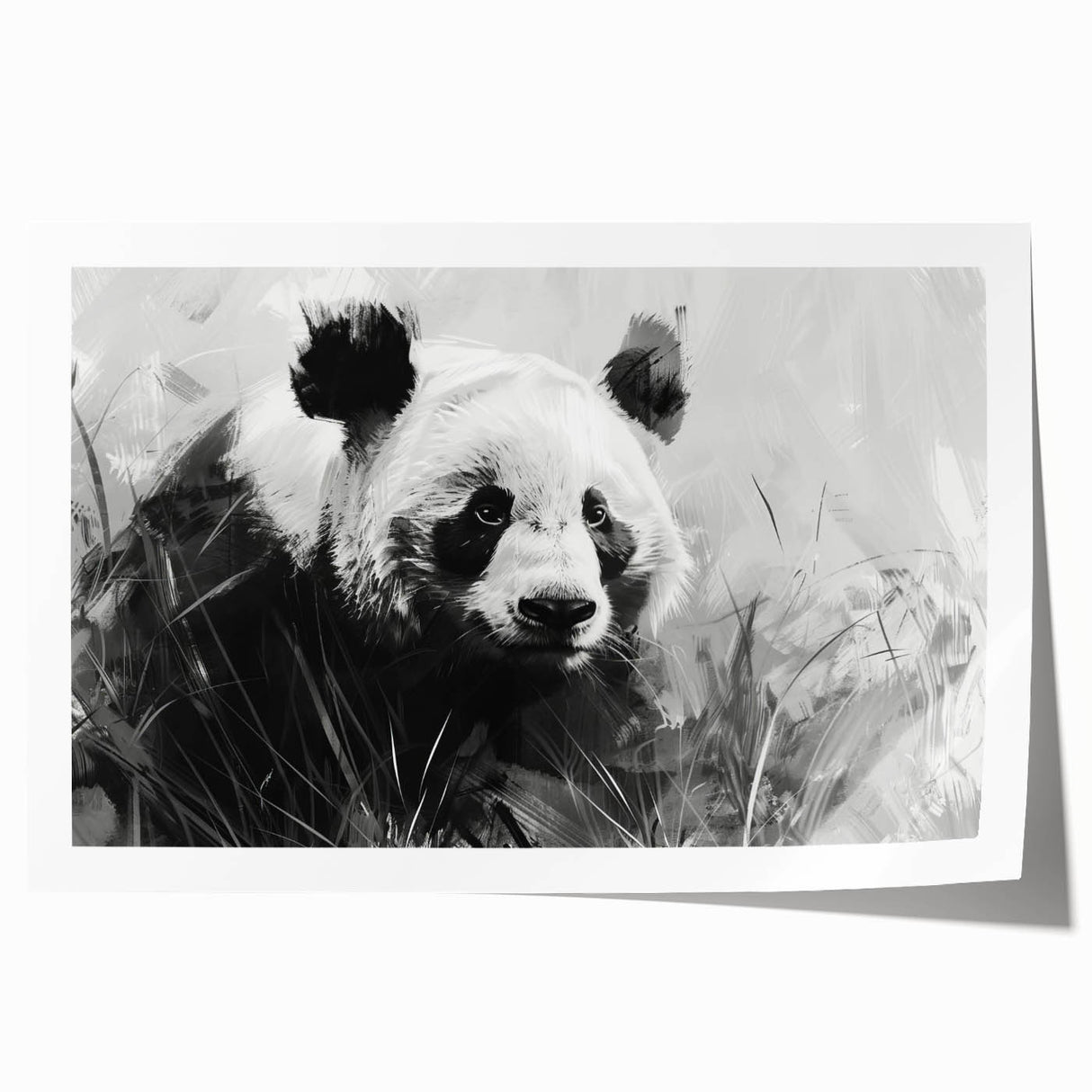 Panda bear wall art print showcasing a colorful and whimsical design on a rolled canvas, perfect for children's rooms or playful decor accents.