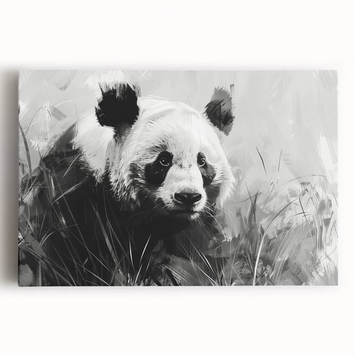 Stretched canvas wall art featuring a charming panda bear design, showcasing vibrant colors and playful details, perfect for children's room decor or animal lovers.