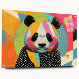 Close-up of a bear panda wall art design displayed in a side view on acrylic glass, showcasing vibrant colors and intricate details, perfect for home decor.