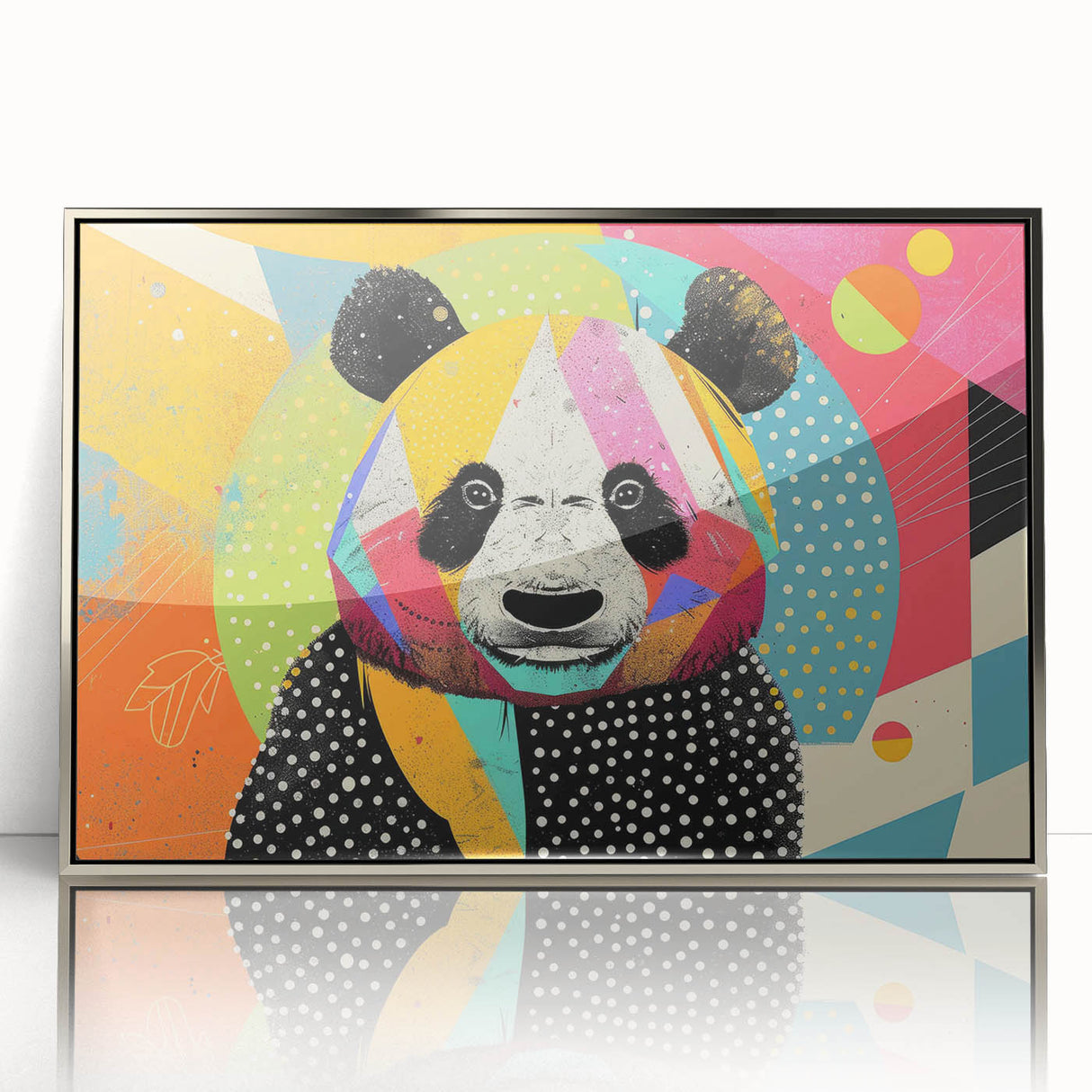 Framed wall art featuring a whimsical panda bear design in vibrant colors, set in a sleek silver frame, ideal for children's rooms or playful decor.