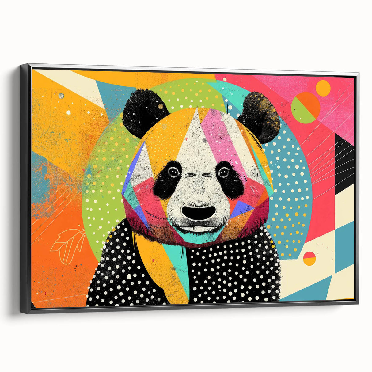 Framed wall art featuring a panda bear design on a black canvas, showcasing vibrant colors and detailed artwork. Ideal for children's rooms or playful decor.