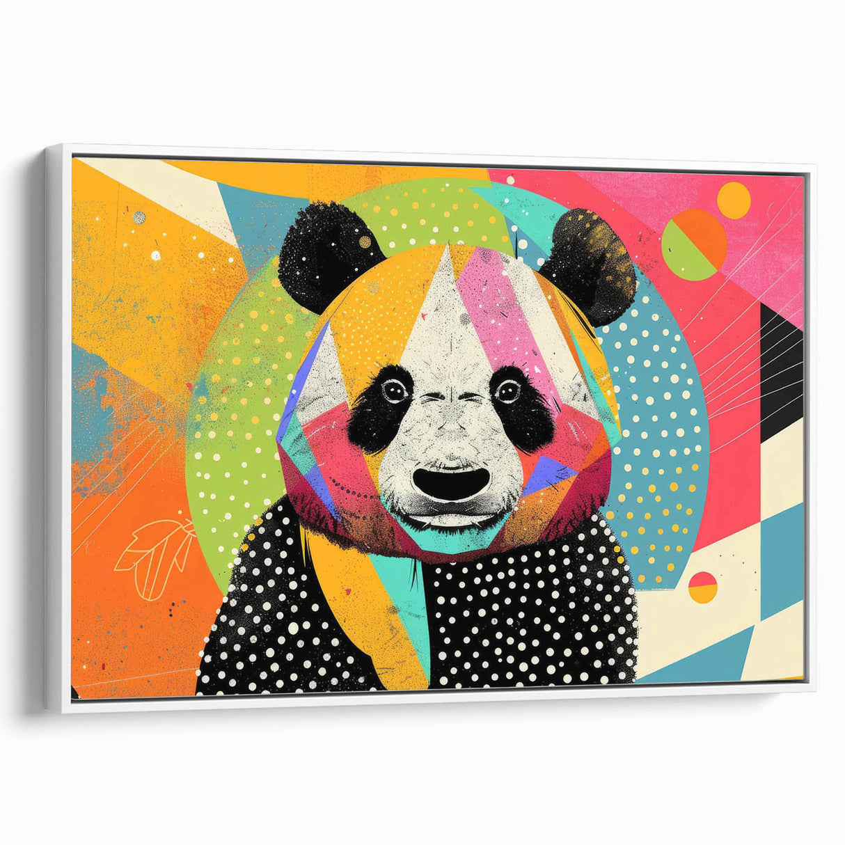 Framed canvas wall art featuring a playful panda bear design, set against a white background, showcasing vibrant colors and whimsical details, perfect for children's decor.