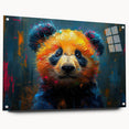 Acrylic glass wall art featuring a playful panda bear design, displayed from a side view with decorative pins, perfect for children's rooms or nursery decor.