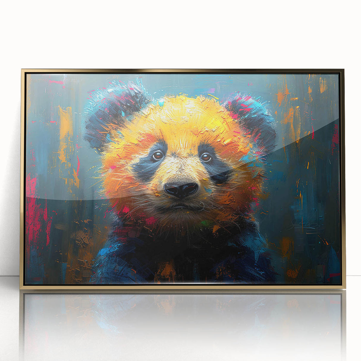Framed wall art featuring a whimsical panda bear design with gold accents, ideal for children's rooms or playful decor, showcasing vibrant colors and a sleek acrylic finish.