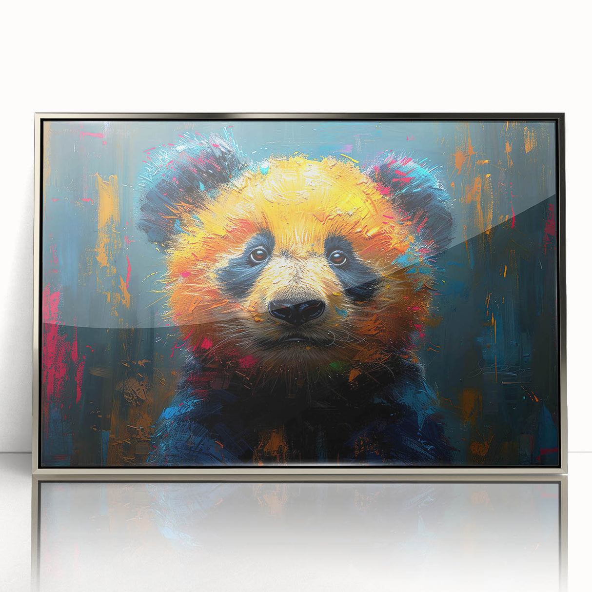 Framed wall art featuring a bear and panda design in a sleek silver frame, showcasing vibrant colors and intricate details, ideal for children's room decor.