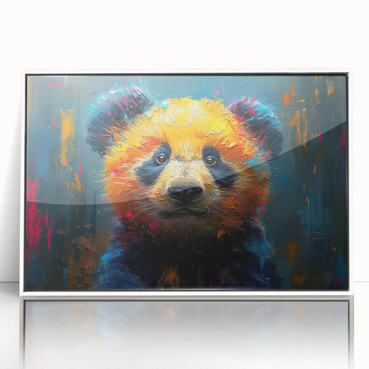 Framed wall art featuring a playful panda bear design in a modern acrylic frame with a white finish, perfect for children's rooms or animal-themed decor.