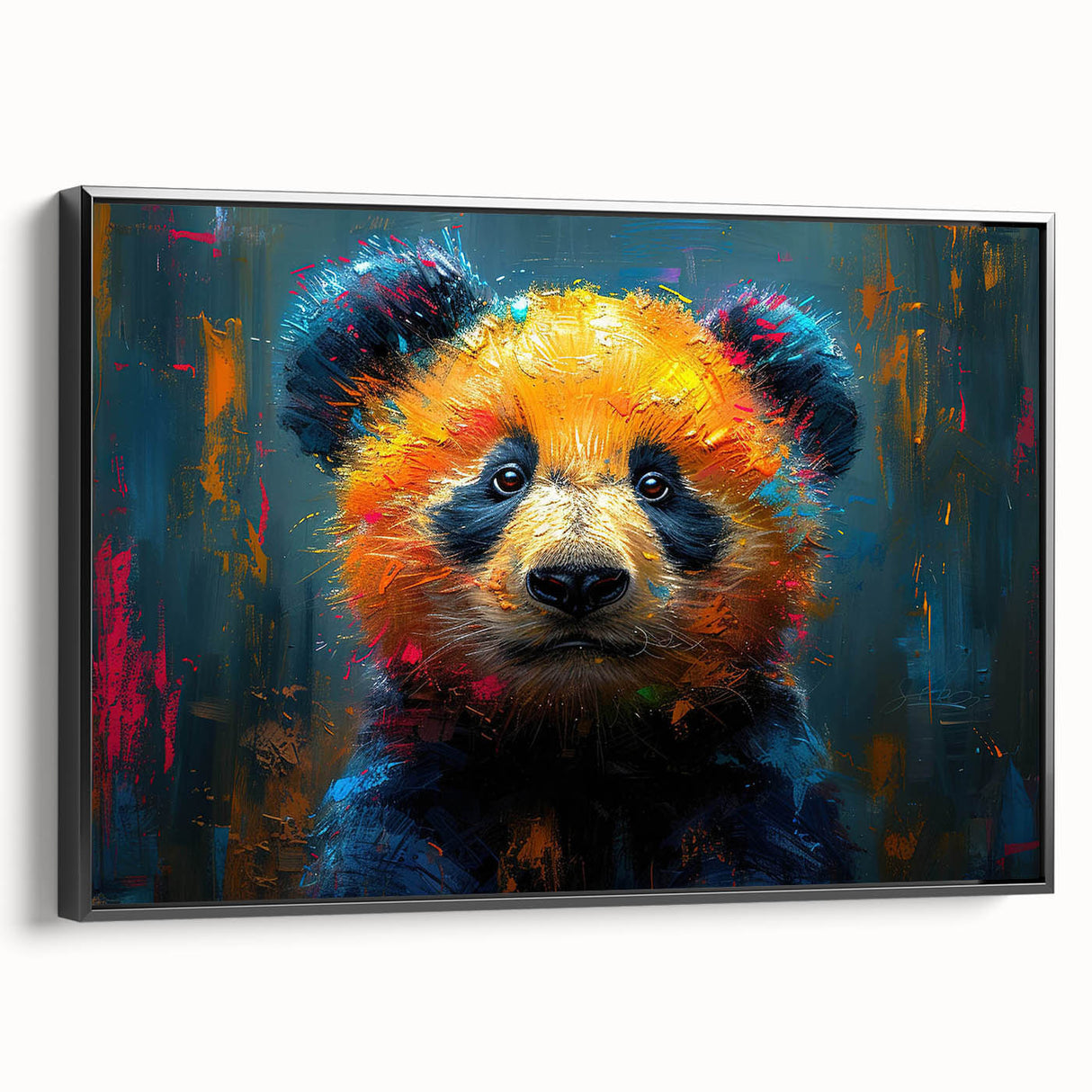 Framed canvas wall art featuring a playful panda bear design in vibrant colors, displayed from a black side view, perfect for children's rooms or playful decor.